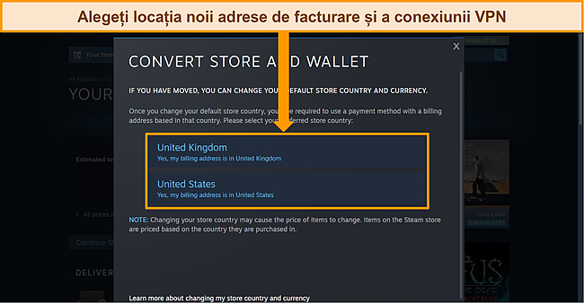 Captură de ecran a meniului Steam „Convertiți magazin și portofel” cu opțiunile de locație evidențiate.