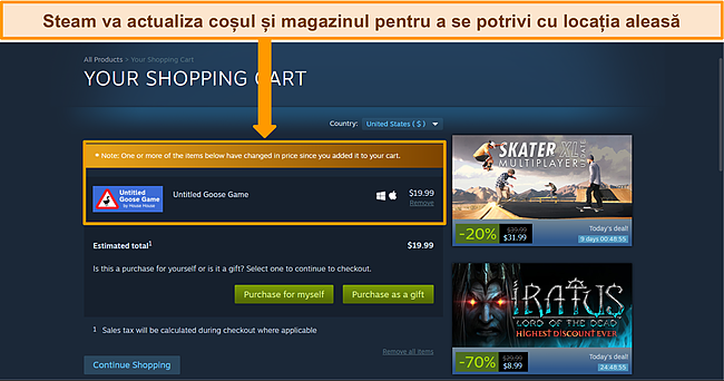 Captură de ecran a tabloului de bord Steam cu monedă și coș actualizate pentru a se potrivi cu noua locație aleasă.