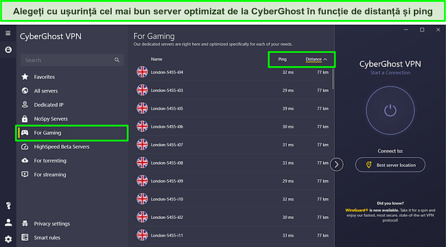 Captură de ecran a serverelor de jocuri dedicate CyberGhost cu opțiuni de sortare ping și distanță evidențiate.