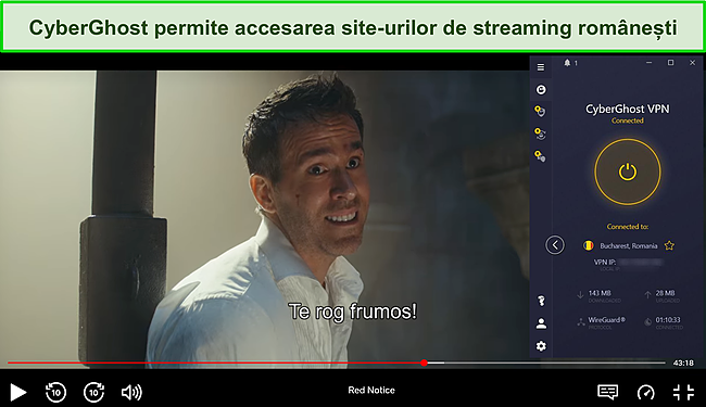 Captură de ecran a CyberGhost care deblochează Red Notice pe Netflix România.