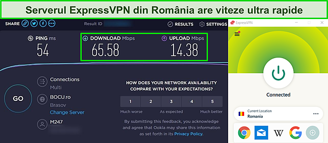 Captură de ecran a unui test de viteză efectuat pe serverul ExpressVPN din România.