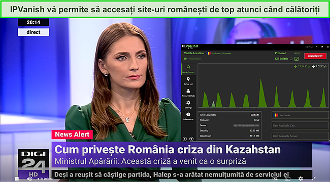 Captură de ecran cu IPVanish care deblochează fluxul live Digi24.