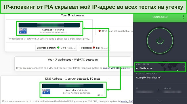 Скриншот результатов теста на утечку PIA