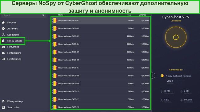 Скриншот серверов NoSpy CyberGhost
