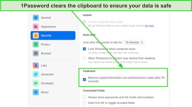 Screenshot of 1Password Security settings tab