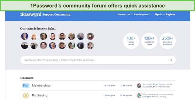 Screenshot of 1Password community forum landing page