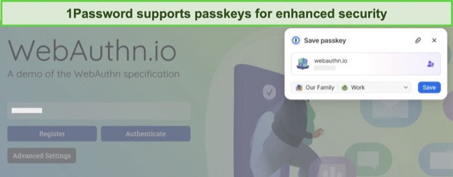 Screenshot of 1Password passkeys support