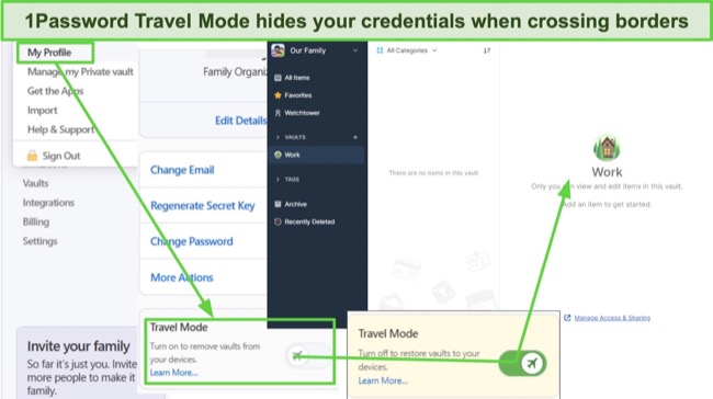 Screenshot of 1Password Travel Mode activation steps