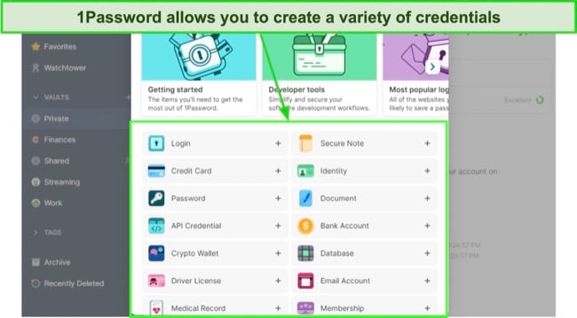 Screenshot of 1Password item categories