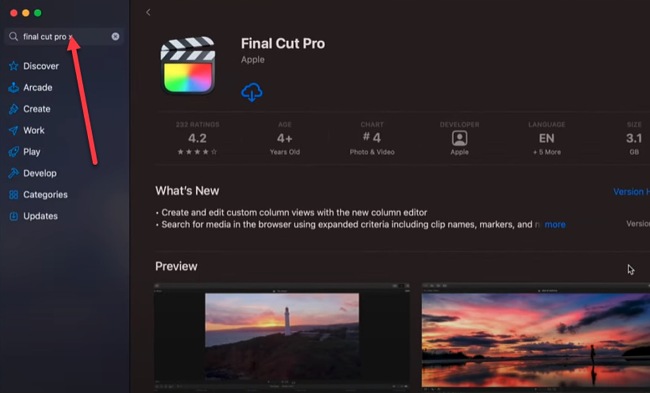 Captura de tela da loja de aplicativos do Final Cut Pro