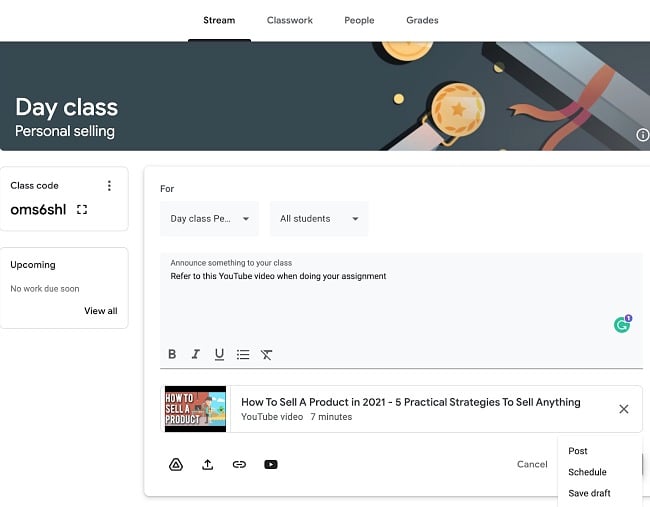 Google Classroom stream screenshot