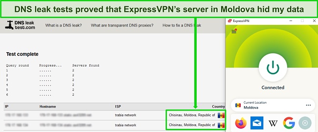 Screenshot of ExpressVPN passing a DNS leak test while connected to a server in Moldova