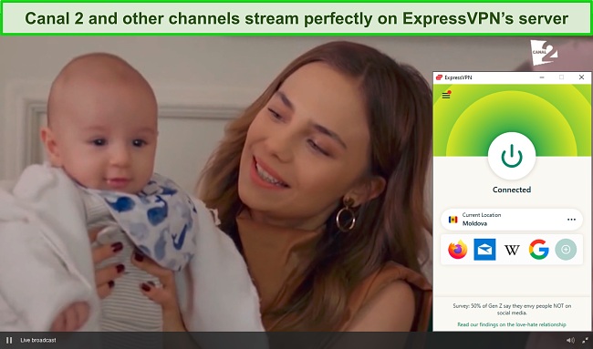 Screenshot of Canal 2 streaming while ExpressVPN is connected to a server in Moldova