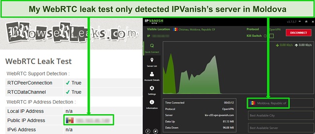 Screenshot of a WebRTC leak test showing a server in Moldova while IPVanish is connected