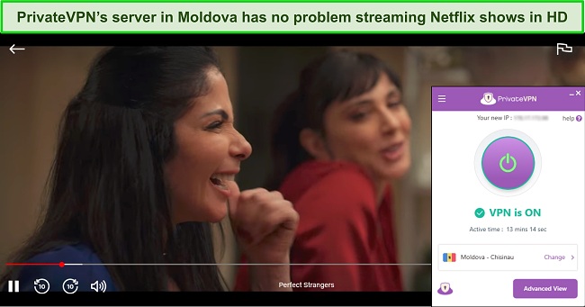 Screenshot of Perfect Strangers streaming on Netflix while PrivateVPN is connected to a server in Moldova
