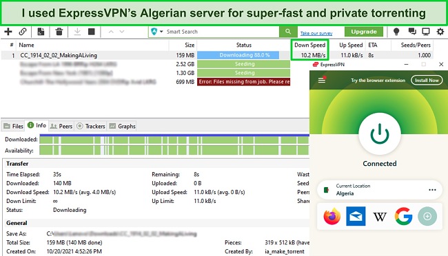 Screenshot of uTorrent sharing files while ExpressVPN is connected to a server in Algeria