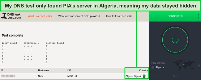 Screenshot of a successful DNS leak test while PIA is connected to a server in Algeria