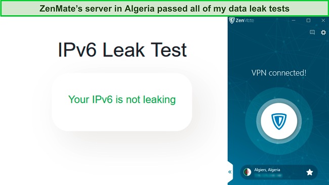 Screenshot of a successful IPv6 leak test while ZenMate is connected to a server in Algeria