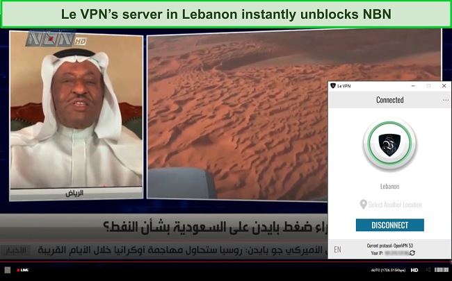 Screenshot of a live broadcast on NBN while Le VPN is connected to a server in Lebanon