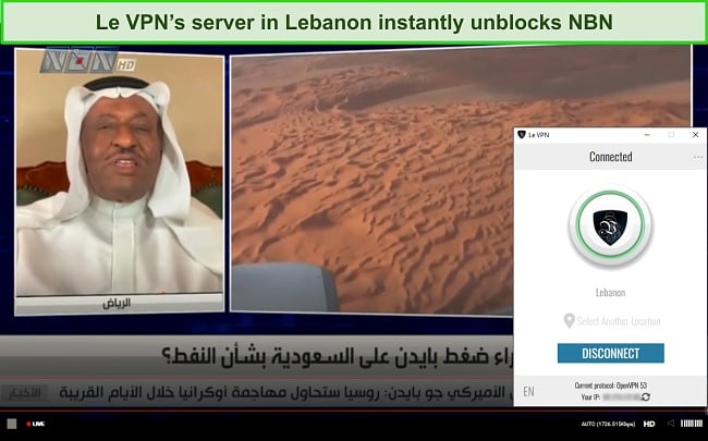 Screenshot of a live broadcast on NBN while Le VPN is connected to a server in Lebanon