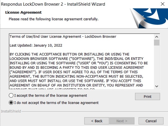 لقطة شاشة تثبيت اتفاقية ترخيص LockDown Browser