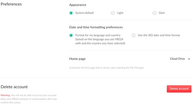 MEGA my account preferences screenshot