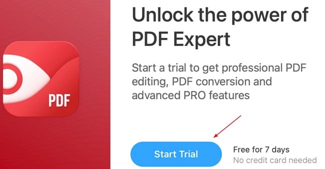 PDF Expert start trial page screenshot
