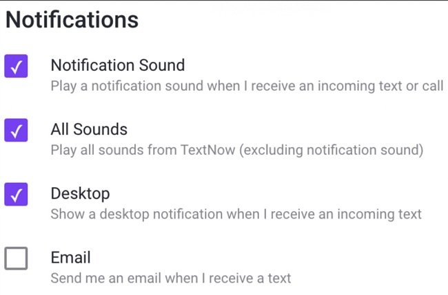 TextNow notifications screenshot