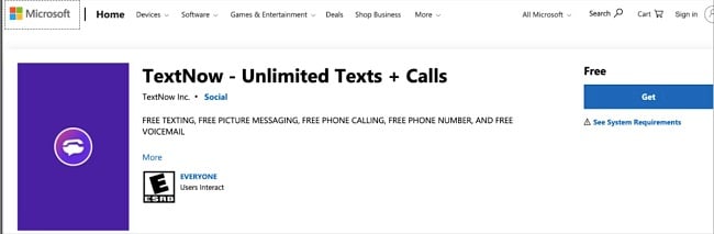 TextNow download page screenshot