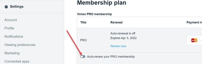 Vimeo dashboard membership plan screenshot