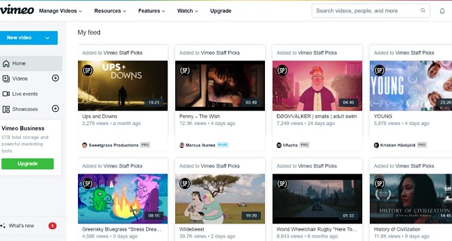 Vimeo home page screenshot