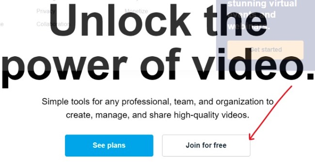 Vimeo free trial page screenshot