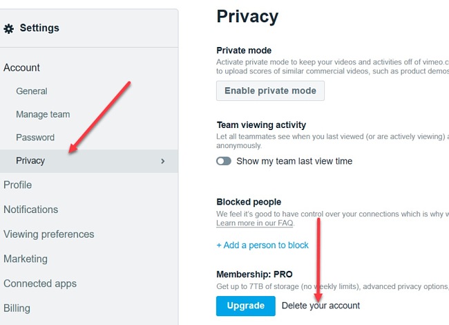 Vimeo dashboard privacy screenshot