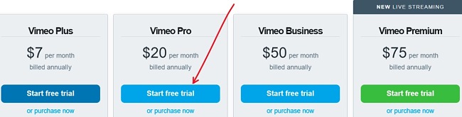 VImeo pricing plans screenshot