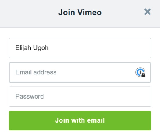 Vimeo registration form screenshot