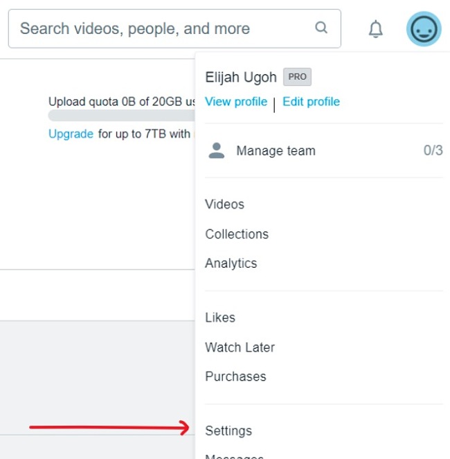 Vimeo dashboard settings screenshot