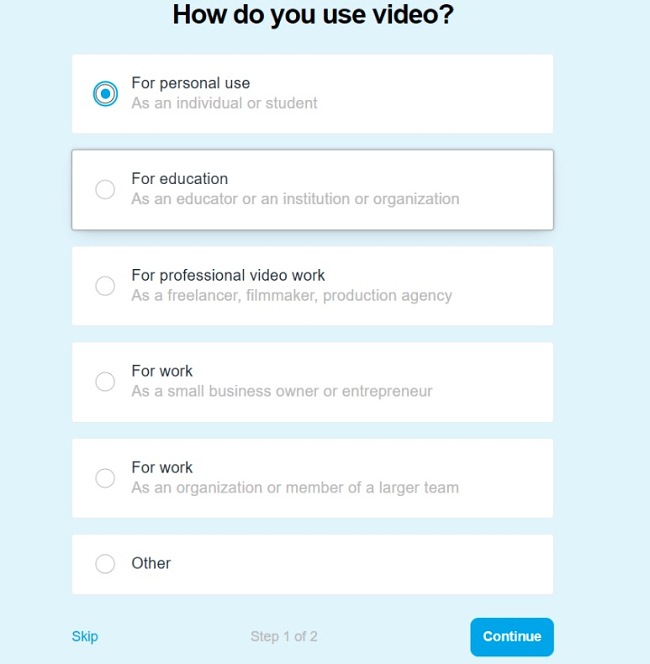 Vimeo register form purposes screenshot