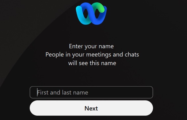 Captura de tela do formulário de entrada de nome Webex