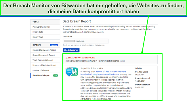 Screenshot von Bitwardens Breach Monitor.