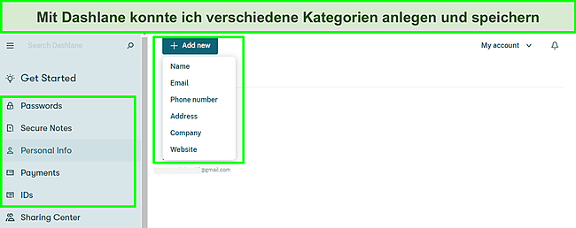 Screenshot vom Hinzufügen persönlicher Datensätze zu meinem Dashlane-Tresor.