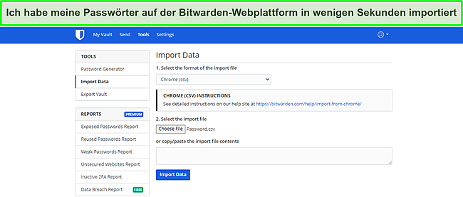 Screenshot des Bitwarden-Datenimports.