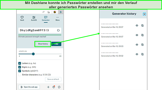 Screenshot der Generierung von Passwörtern mit Dashlane.