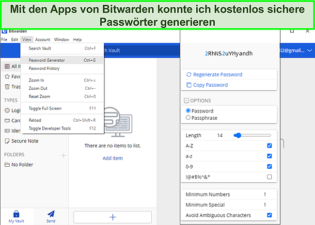 Screenshot der Generierung von Passwörtern auf Bitwarden.