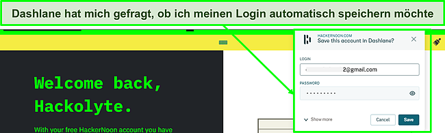 Screenshot der verwendeten automatischen Speicherfunktion von Dashlane.