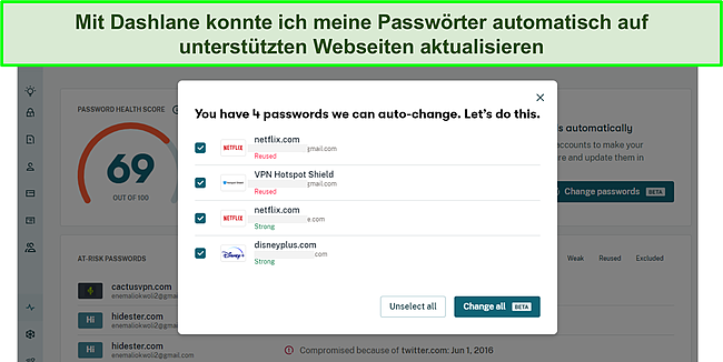 Screenshot des automatischen Passwortwechslers von Dashlane.
