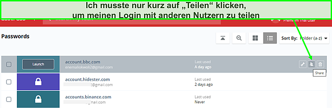 Screenshot der LastPass-Passwortfreigabe.