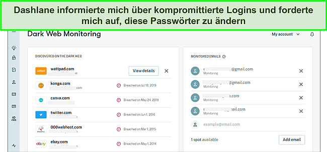 Screenshot des Dark-Web-Monitors von Dashlane.