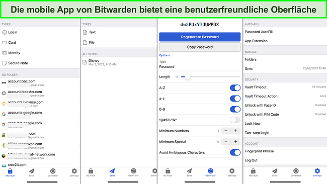 Screenshot der Benutzeroberfläche der mobilen Bitwarden-App.