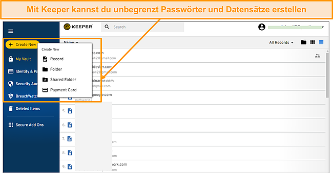 Screenshot vom Hinzufügen von Datensätzen in der Keeper-App.