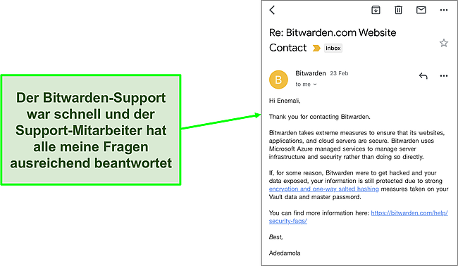 Screenshot des Bitwarden-Support-E-Mail-Chats.